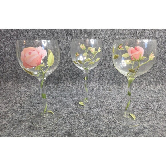 Hand-Painted Floral Wine Glass Set Of 3 Pink Roses 7.5" Tall Rose Balloon - Picture 1 of 6